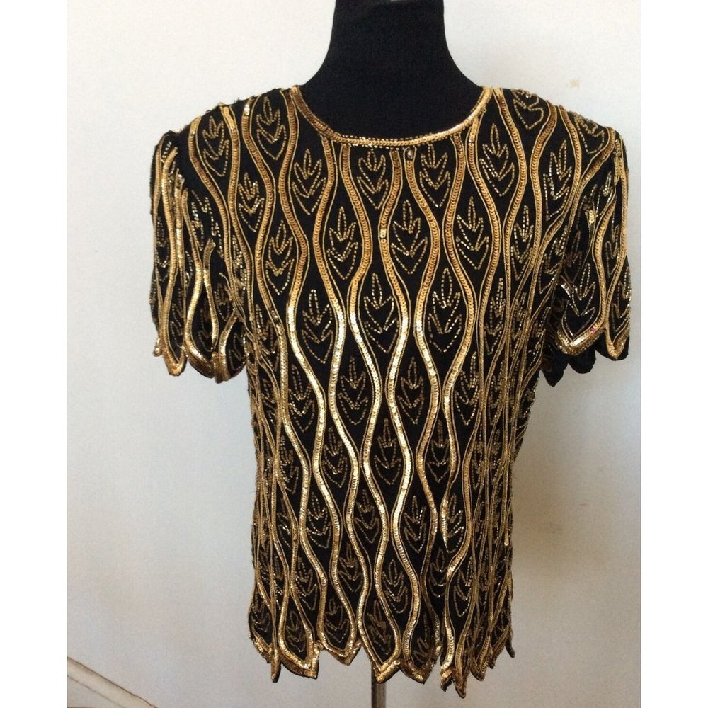 Vintage Papell Boutique Woman's 100%‎ Silk Gold Sequin Beads Evening Top Sz XL
